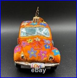 Radko Peace Flower Power Love Bug Orange VW Volkswagen Glass Christmas Ornament