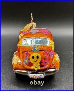 Radko Peace Flower Power Love Bug Orange VW Volkswagen Glass Christmas Ornament