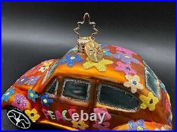 Radko Peace Flower Power Love Bug Orange VW Volkswagen Glass Christmas Ornament