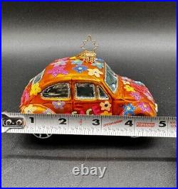 Radko Peace Flower Power Love Bug Orange VW Volkswagen Glass Christmas Ornament