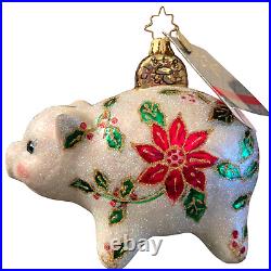 Radko Rare SAVIN FOR THE HOLIDAYS Pig Poinsettias Christmas Glass Ornament 2010