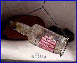 Rare ANTIQUE Glass Figural Ship in a Bottle CHRISTMAS ORNAMENT Vintage Etched #1