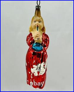 Rare Antique Blue Eye Angel with Trumpet Horn Glass Christmas Ornament Germany