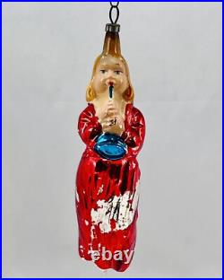 Rare Antique Blue Eye Angel with Trumpet Horn Glass Christmas Ornament Germany