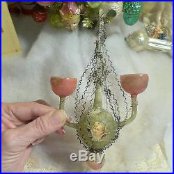 Rare Victorian Antique Glass Lamp Chandelier Pink Xmas Feather Tree Ornament