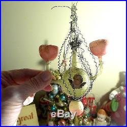 Rare Victorian Antique Glass Lamp Chandelier Pink Xmas Feather Tree Ornament