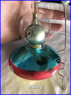 Rare Vintage De Carlini Spaceship Astronaut Glass Christmas Ornament Globe