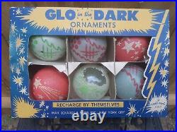Rare Vintage Shiny Brite Glo In The Dark Glass Christmas Bulb Ornaments in Box
