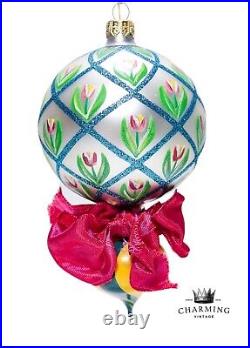Rare Vtg MACKENZIE-CHILDS Double Ball Drop Tulip Floral Glass Christmas Ornament