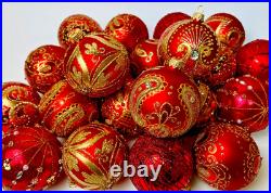 Red Gold Glass Ornaments Set 30 Handmade Christmas Tree Baubles