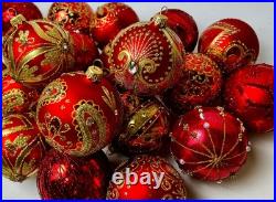 Red Gold Glass Ornaments Set 30 Handmade Christmas Tree Baubles