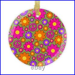 Retro Flower Power Glass Ornament 3.5 Green Hippie Daisy Peace Sign
