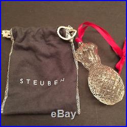 STEUBEN GLASS Signed Christmas Ornament PINEAPPLE Felt Bag