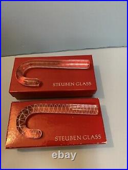 STEUBEN Glass CANDY CANE White and Red Air Twist Christmas Ornamentals Signed S