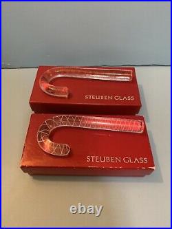 STEUBEN Glass CANDY CANE White and Red Air Twist Christmas Ornamentals Signed S