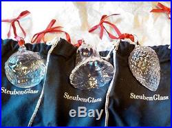STEUBEN Glass CHRISTMAS ORNAMENTS GIFT SET Holiday Bell Pine Cone Peace on Earth