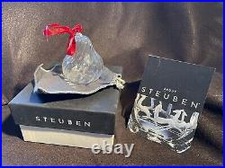 STEUBEN crystal art glass Christmas Ornament PEAR with box, bag, insert