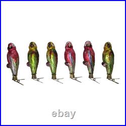 SUPER RARE Set Of 6 Six Clip-on Glass Hand-painted Parrot Christmas Ornaments