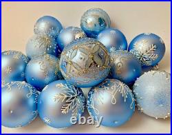 Set of 10 Blue Silver Glass Christmas Ornaments Handmade Holiday Baubles