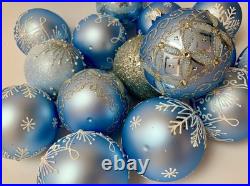 Set of 10 Blue Silver Glass Christmas Ornaments Handmade Holiday Baubles