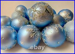 Set of 10 Blue Silver Glass Christmas Ornaments Handmade Holiday Baubles