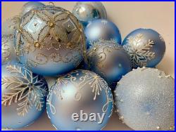 Set of 10 Blue Silver Glass Christmas Ornaments Handmade Holiday Baubles