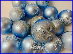 Set of 10 Blue Silver Glass Christmas Ornaments Handmade Holiday Baubles