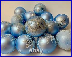 Set of 10 Blue Silver Glass Christmas Ornaments Handmade Holiday Baubles