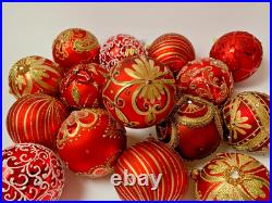 Set of 10 Red Gold Glass Christmas Ornaments Handmade Holiday Tree Baubles