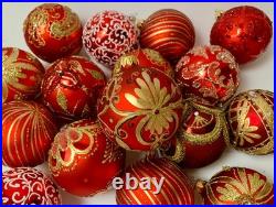 Set of 10 Red Gold Glass Christmas Ornaments Handmade Holiday Tree Baubles