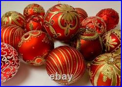 Set of 10 Red Gold Glass Christmas Ornaments Handmade Holiday Tree Baubles