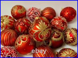 Set of 10 Red Gold Glass Christmas Ornaments Handmade Holiday Tree Baubles