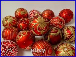 Set of 10 Red Gold Glass Christmas Ornaments Handmade Holiday Tree Baubles