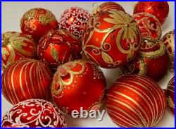Set of 10 Red Gold Glass Christmas Ornaments Handmade Holiday Tree Baubles