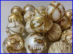 Set of 20 White and Gold Glass Ornaments Luxury Christmas Tree Baubles Lot