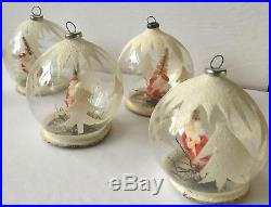 Set of 4 Vintage Glass Mica Santa Diorama Christmas Tree Ornaments