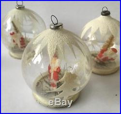 Set of 4 Vintage Glass Mica Santa Diorama Christmas Tree Ornaments