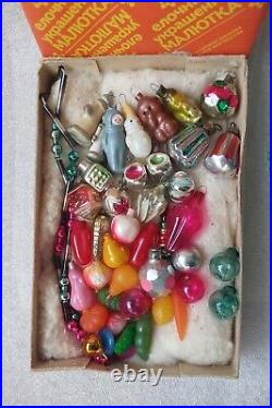 Set of 42 Vintage USSR Glass Xmas Christmas Mini Ornaments with furtree