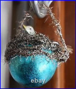 Set of 6 German Antique Bird Nest Christmas Ornaments Mercury Glass & Tinsel