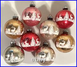 Set of 8 Vintage Christmas Ornament Glass Balls Stenciled Winterscape USA 3.5