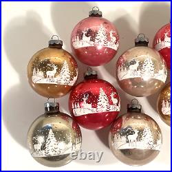 Set of 8 Vintage Christmas Ornament Glass Balls Stenciled Winterscape USA 3.5