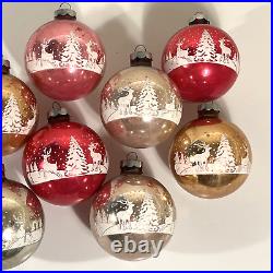 Set of 8 Vintage Christmas Ornament Glass Balls Stenciled Winterscape USA 3.5