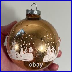 Set of 8 Vintage Christmas Ornament Glass Balls Stenciled Winterscape USA 3.5