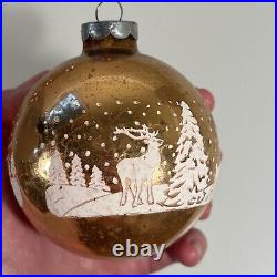 Set of 8 Vintage Christmas Ornament Glass Balls Stenciled Winterscape USA 3.5