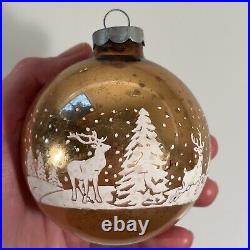 Set of 8 Vintage Christmas Ornament Glass Balls Stenciled Winterscape USA 3.5