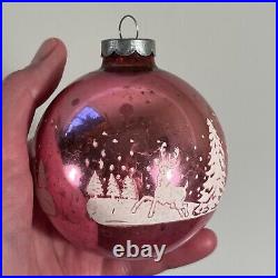 Set of 8 Vintage Christmas Ornament Glass Balls Stenciled Winterscape USA 3.5