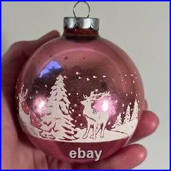 Set of 8 Vintage Christmas Ornament Glass Balls Stenciled Winterscape USA 3.5