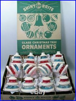 Shiny Brite Box 12 Vtg UNSILVERED Bell/Tree Shape withMICA Xmas Ornaments WWII Era