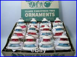 Shiny Brite Box 12 Vtg UNSILVERED Bell/Tree Shape withMICA Xmas Ornaments WWII Era