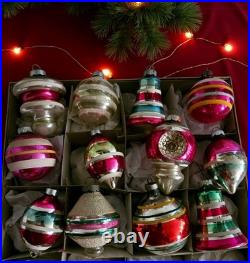 Shiny Brite Ornaments Christmas Mercury Glass Indents Bells Balls 12 1960s #12